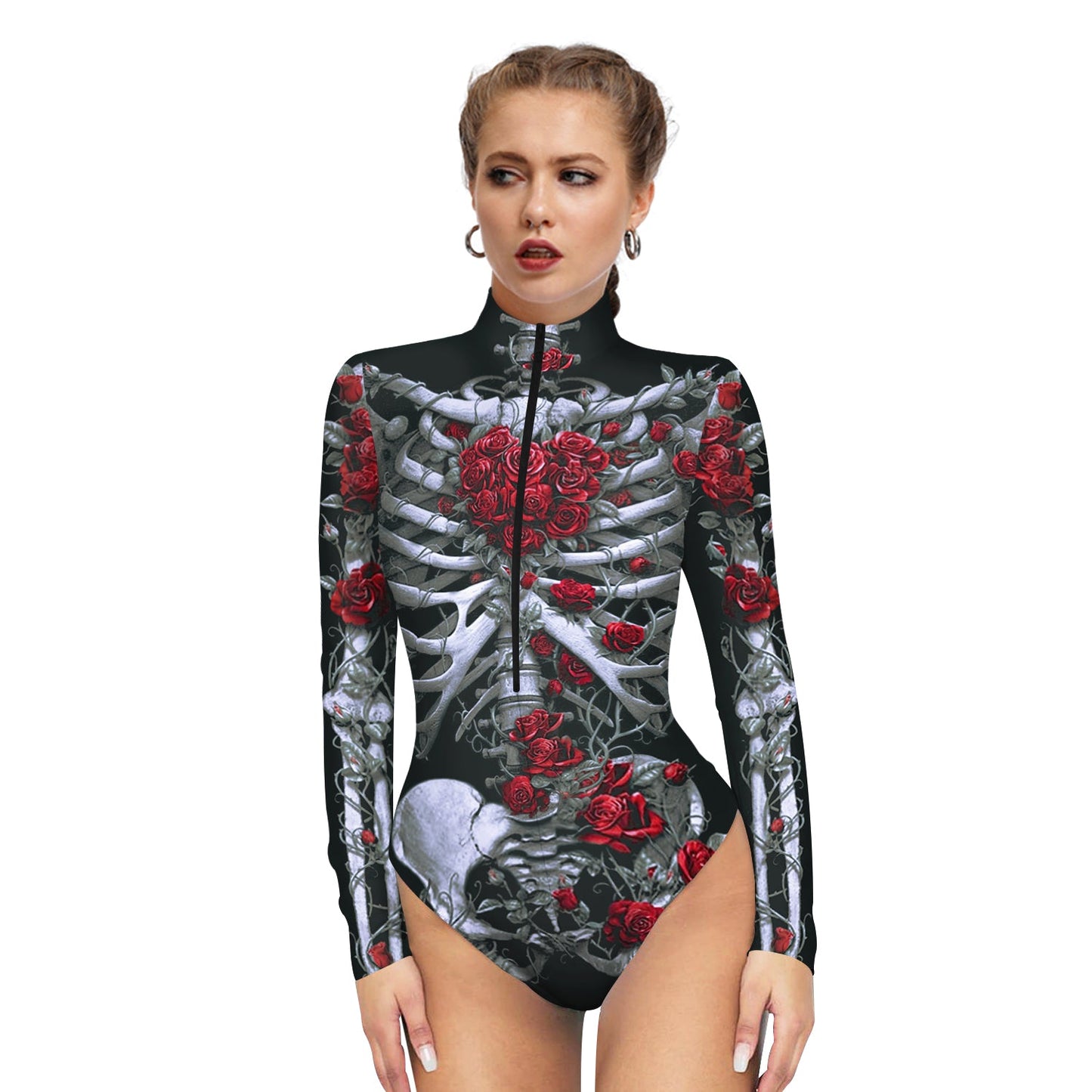 Halloween Skull Digital Print Ladies Zip Tight Long Sleeve Jumpsuit Leggings Button Open