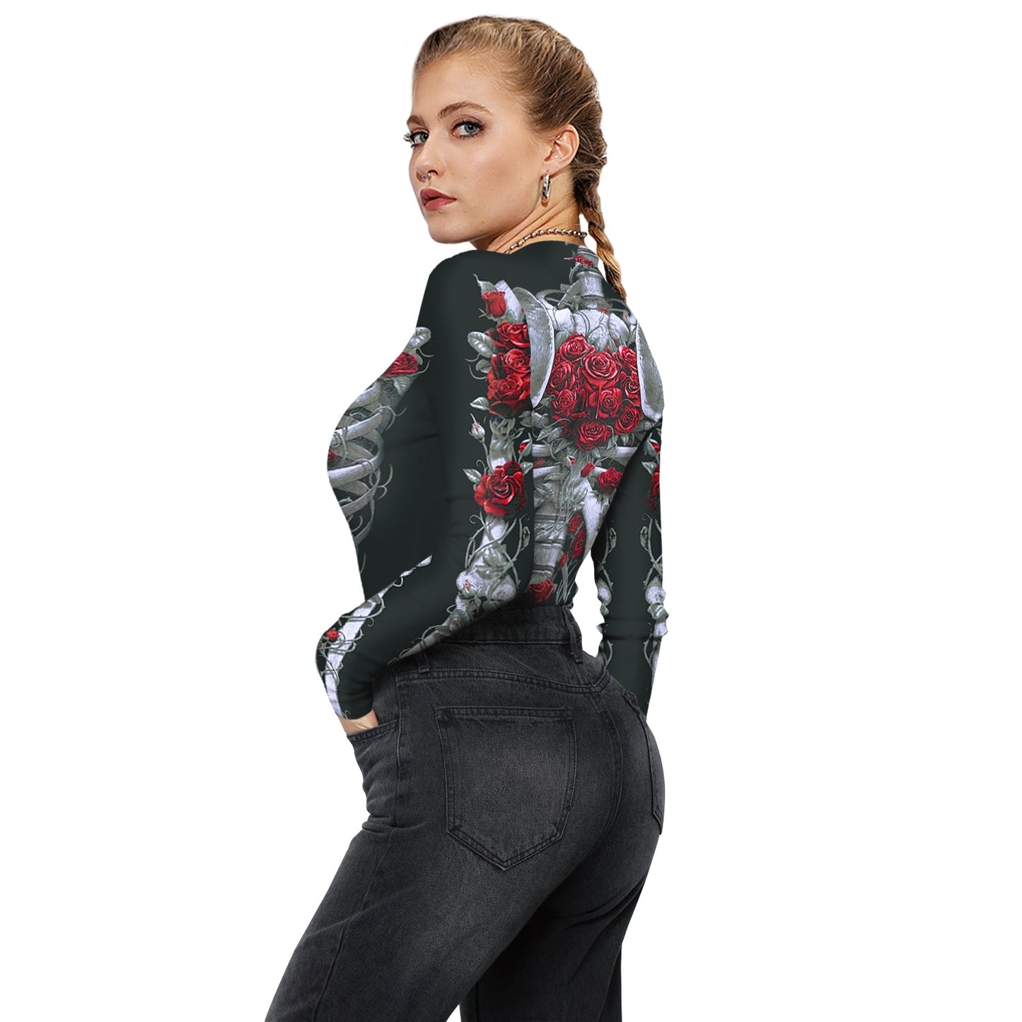 Halloween Skull Digital Print Ladies Zip Tight Long Sleeve Jumpsuit Leggings Button Open
