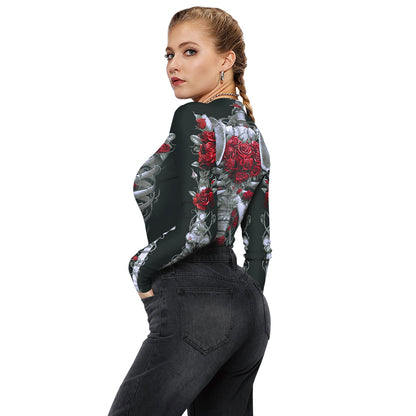 Halloween Skull Digital Print Ladies Zip Tight Long Sleeve Jumpsuit Leggings Button Open