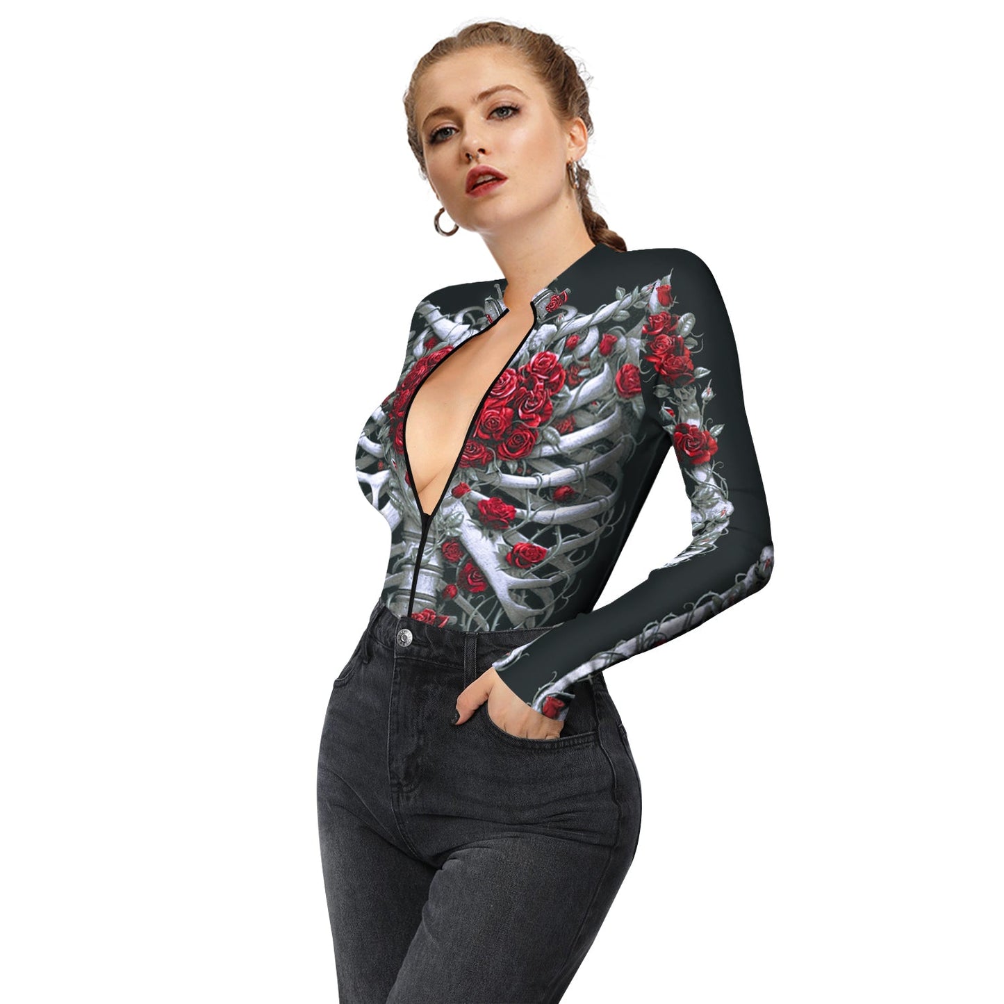 Halloween Skull Digital Print Ladies Zip Tight Long Sleeve Jumpsuit Leggings Button Open