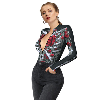 Halloween Skull Digital Print Ladies Zip Tight Long Sleeve Jumpsuit Leggings Button Open