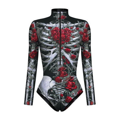 Halloween Skull Digital Print Ladies Zip Tight Long Sleeve Jumpsuit Leggings Button Open