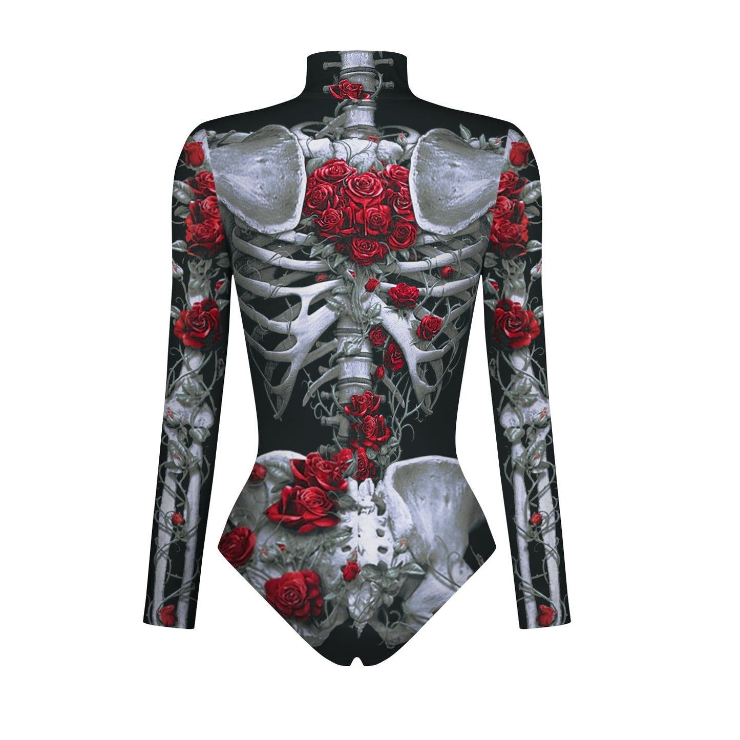 Halloween Skull Digital Print Ladies Zip Tight Long Sleeve Jumpsuit Leggings Button Open