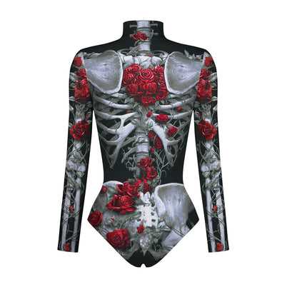 Halloween Skull Digital Print Ladies Zip Tight Long Sleeve Jumpsuit Leggings Button Open