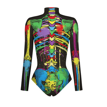 Halloween Skull Digital Print Ladies Zip Tight Long Sleeve Jumpsuit Leggings Button Open