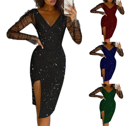 Women Sequins V-neck Pack Hip Sexy Mesh Dress Dress Women