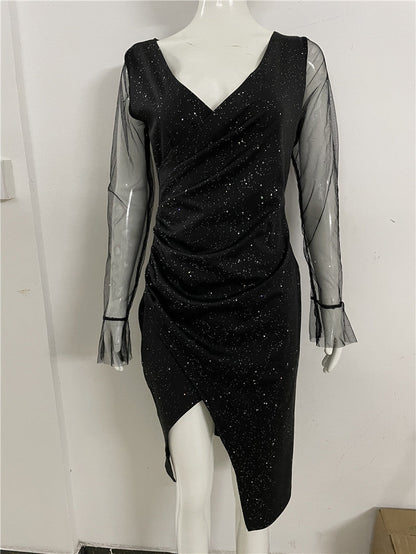Women Sequins V-neck Pack Hip Sexy Mesh Dress Dress Women