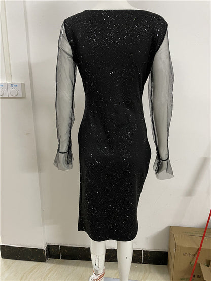 Women Sequins V-neck Pack Hip Sexy Mesh Dress Dress Women