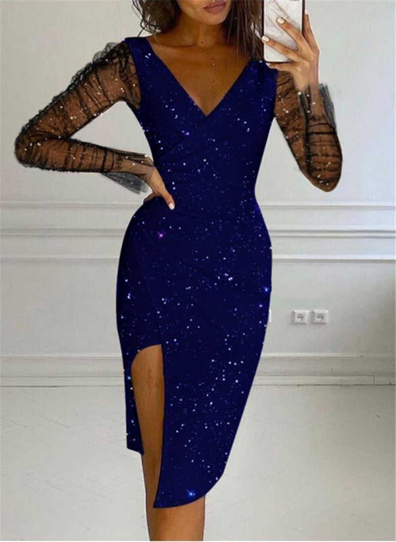 Women Sequins V-neck Pack Hip Sexy Mesh Dress Dress Women