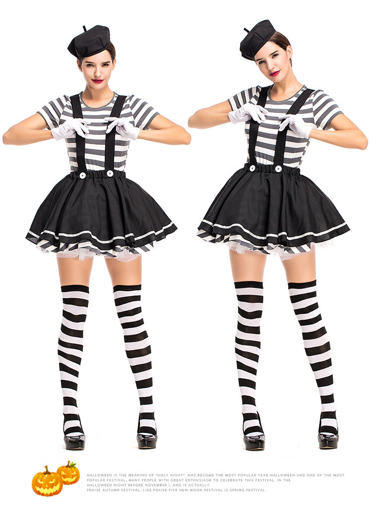 YESFASHION Women Mime Costume Silent Actor Clown Costume