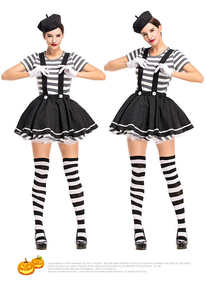 YESFASHION Women Mime Costume Silent Actor Clown Costume