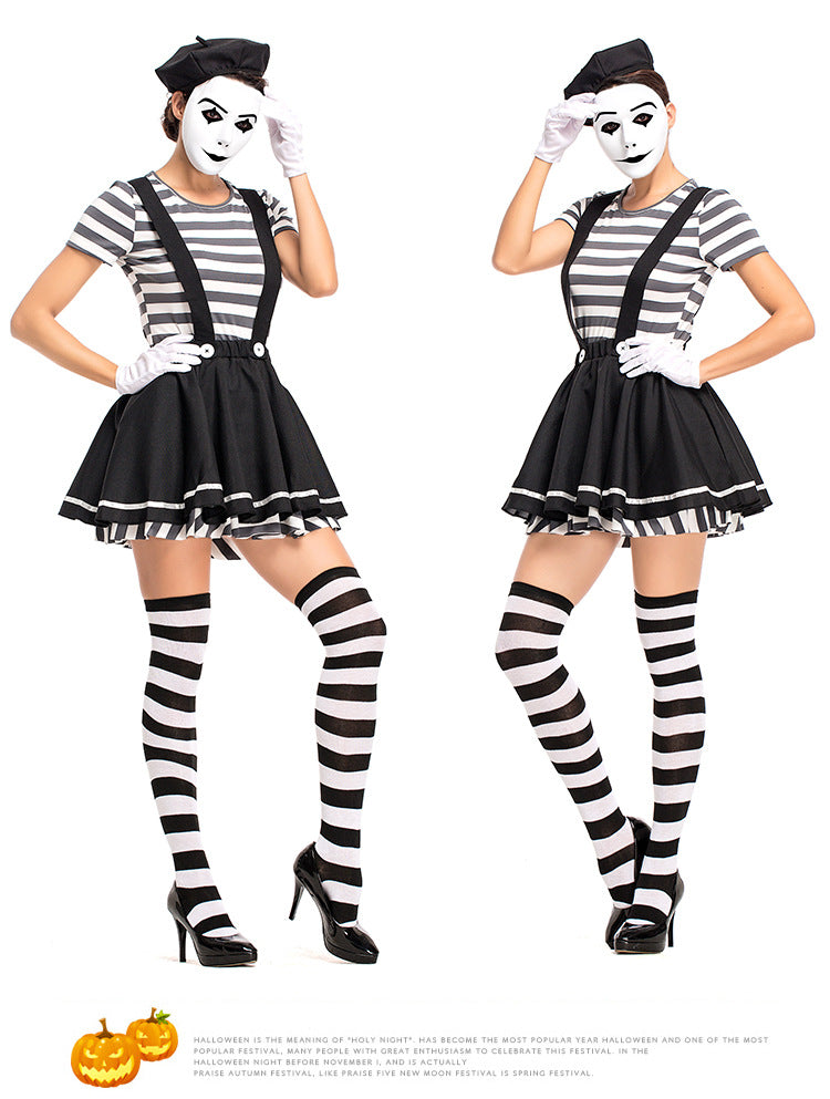 YESFASHION Women Mime Costume Silent Actor Clown Costume