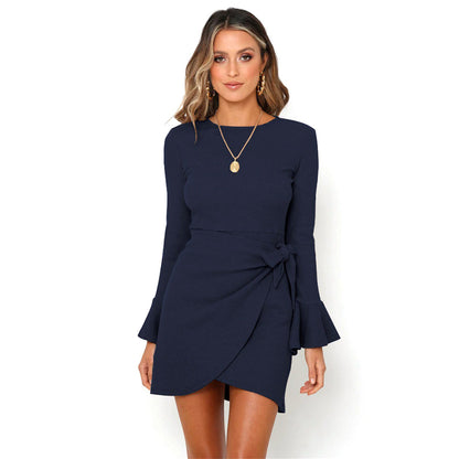 YESFASHION Trumpet Ruffled Long Sleeve Slim Bow Elegant Dress