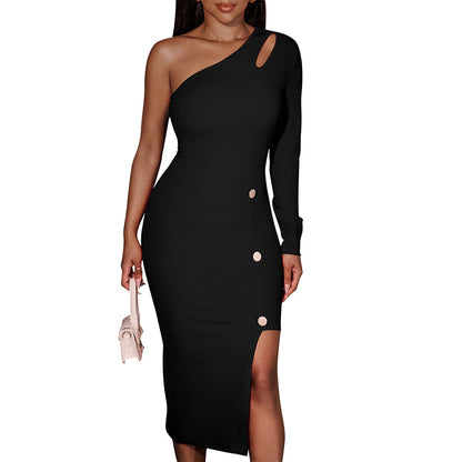 YESFASHION Women Sloping Shoulder Solid Color Button Hip Dress