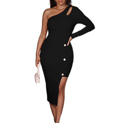 YESFASHION Women Sloping Shoulder Solid Color Button Hip Dress