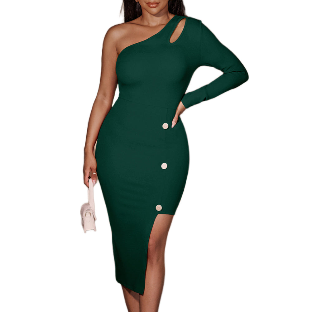 YESFASHION Women Sloping Shoulder Solid Color Button Hip Dress