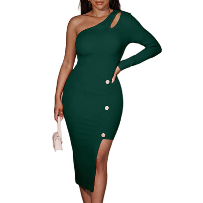 YESFASHION Women Sloping Shoulder Solid Color Button Hip Dress