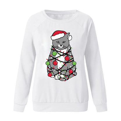 YESFASHION Christmas Tops Cat Print Crewneck Women T-shirt