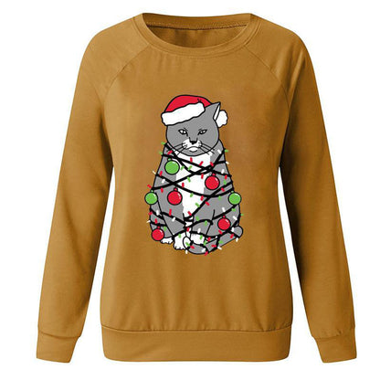 YESFASHION Christmas Tops Cat Print Crewneck Women T-shirt