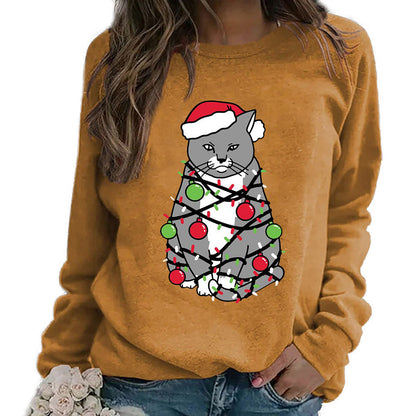 YESFASHION Christmas Tops Cat Print Crewneck Women T-shirt