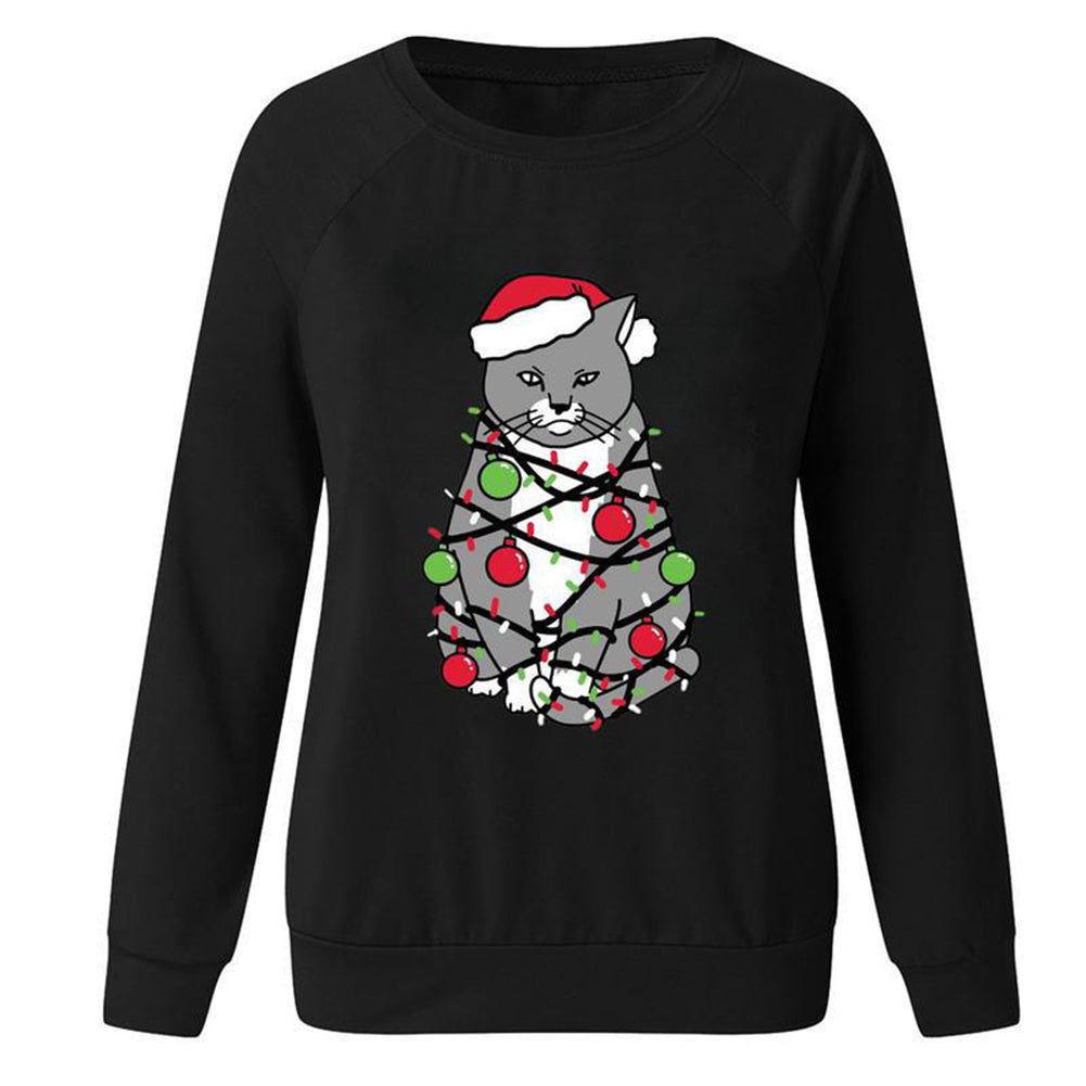 YESFASHION Christmas Tops Cat Print Crewneck Women T-shirt