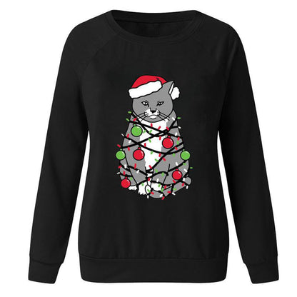 YESFASHION Christmas Tops Cat Print Crewneck Women T-shirt