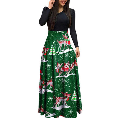 YESFASHION Christmas Day Women Digital Print Crew Neck Panel Dress