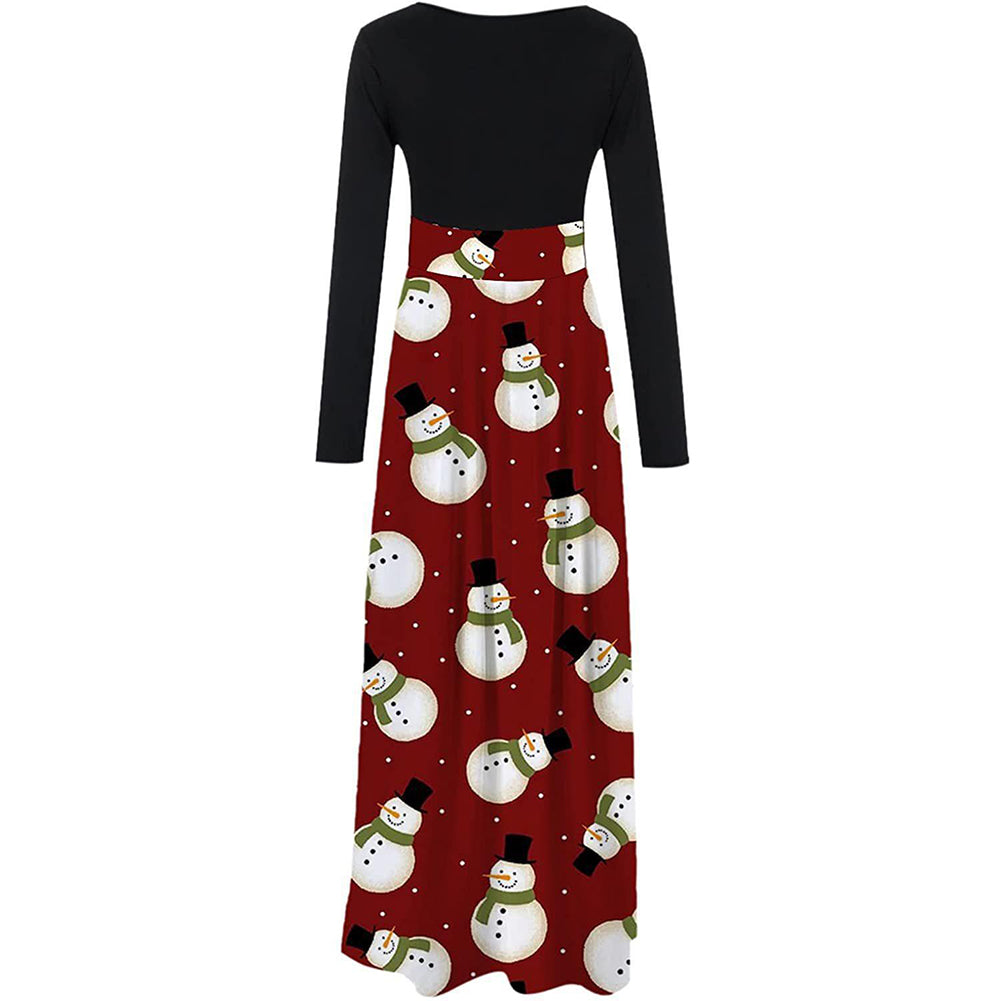 YESFASHION Christmas Digital Print Crew Neck Long Sleeve Panelled Dress