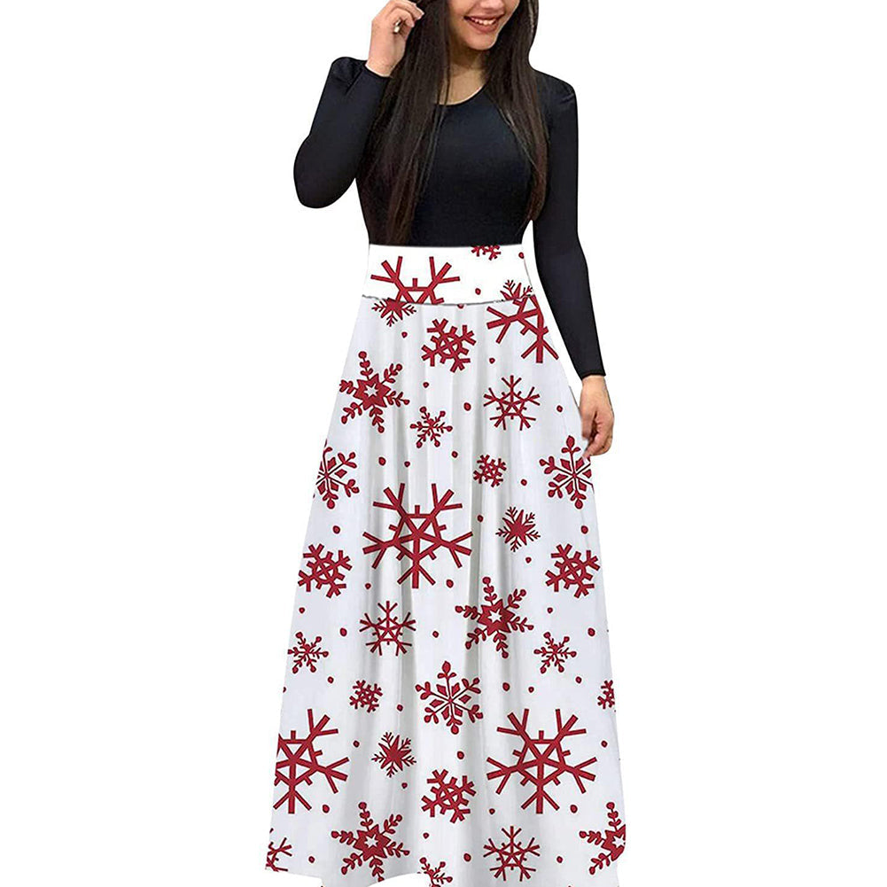 YESFASHION Christmas Digital Print Crew Neck Long Sleeve Panelled Dress