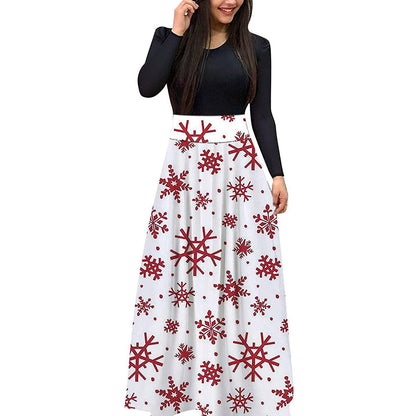YESFASHION Christmas Digital Print Crew Neck Long Sleeve Panelled Dress