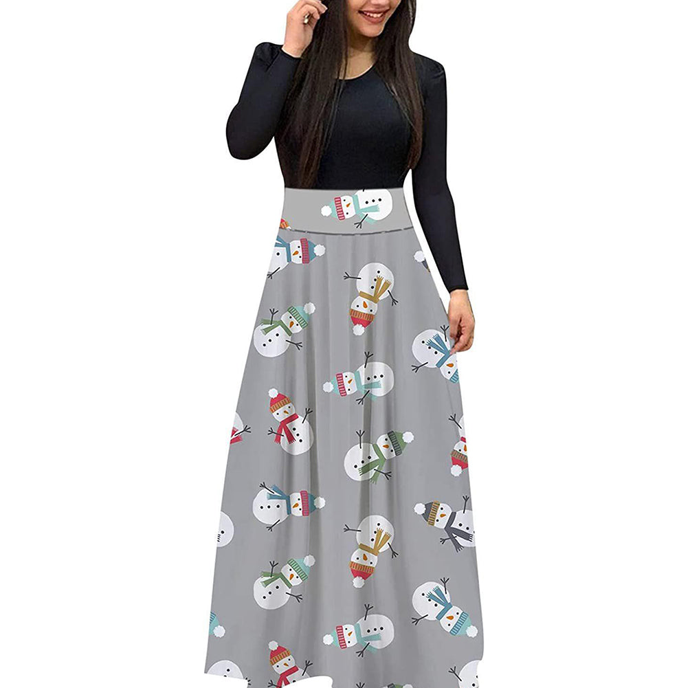 YESFASHION Christmas Digital Print Crew Neck Long Sleeve Panelled Dress