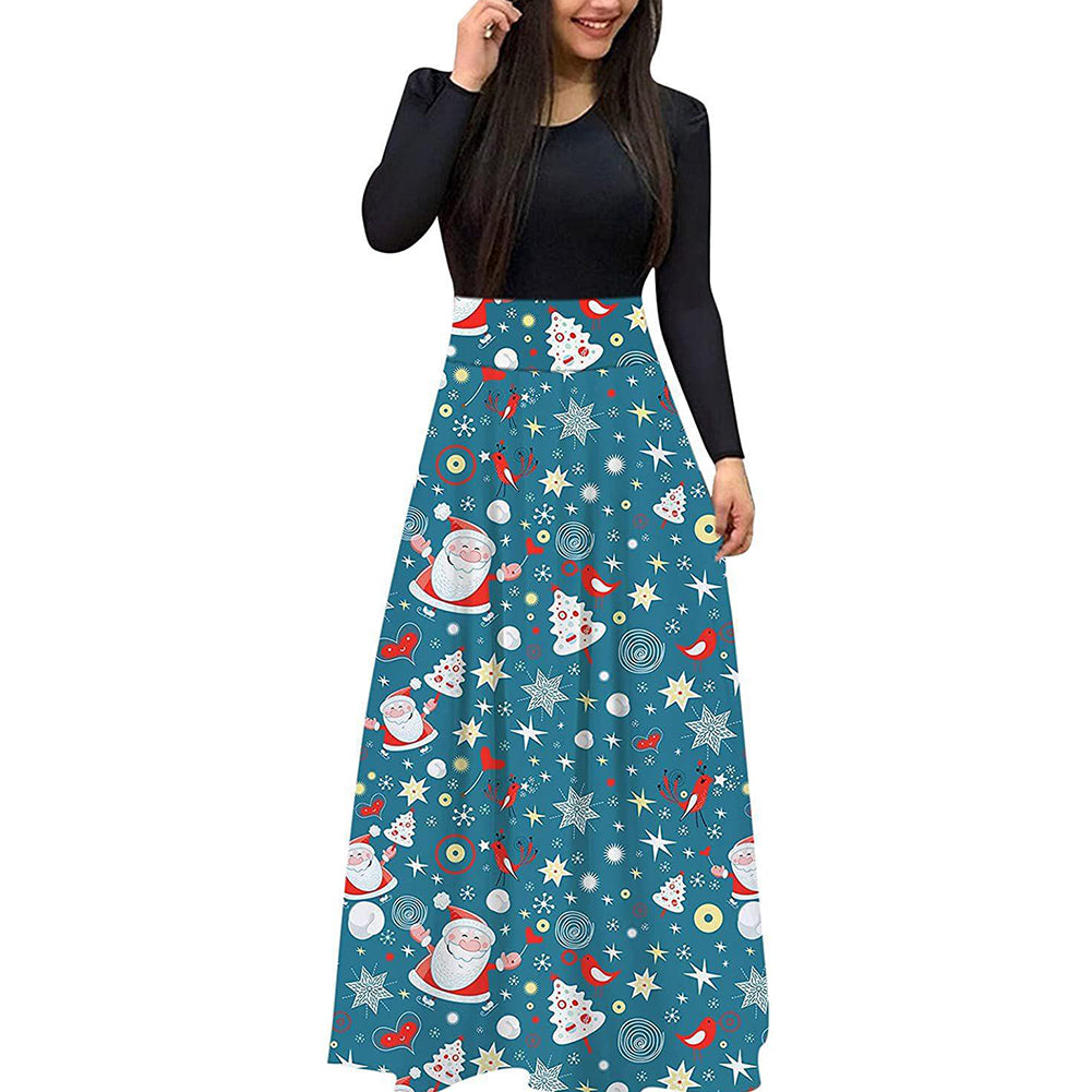 YESFASHION Christmas Digital Print Crew Neck Long Sleeve Panelled Dress