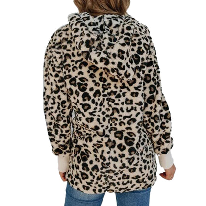 YESFASHION Women Coats Slim Fit Leopard Print Hooded Jacket