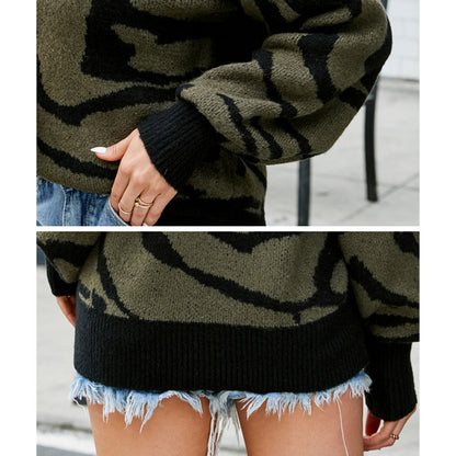 YESFASHION Crew Neck Zebra Print Pullover Sweaters