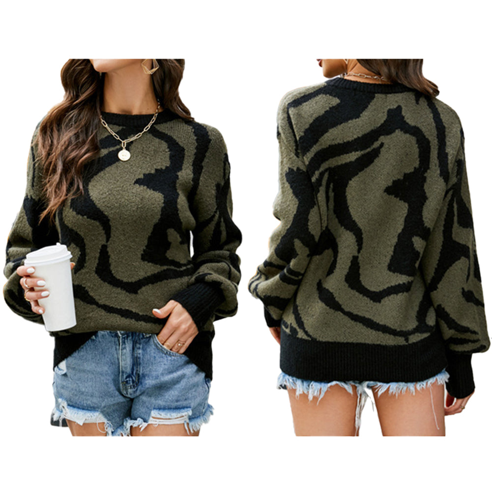 YESFASHION Crew Neck Zebra Print Pullover Sweaters