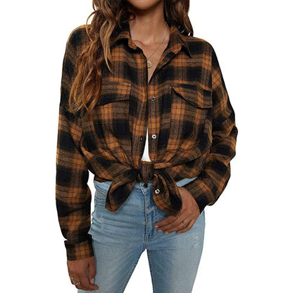 YESFASHION Plaid Double-pocket Lapel Tops Long-sleeve Shirt