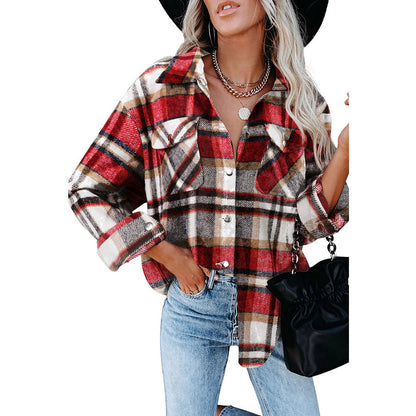 YESFASHION Long-sleeve Lapel Loose-fit Women Plaid Shirt