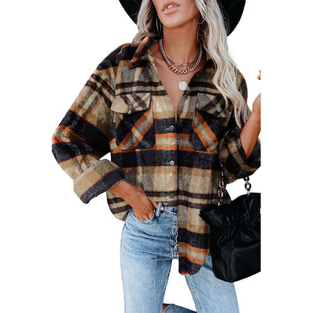 YESFASHION Long-sleeve Lapel Loose-fit Women Plaid Shirt