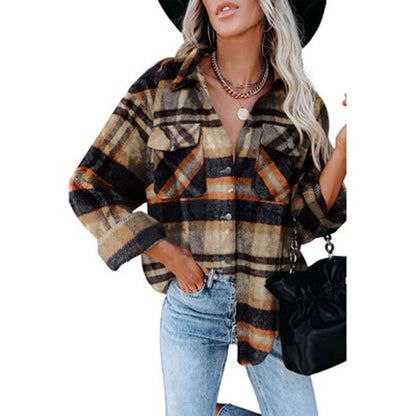 YESFASHION Long-sleeve Lapel Loose-fit Women Plaid Shirt