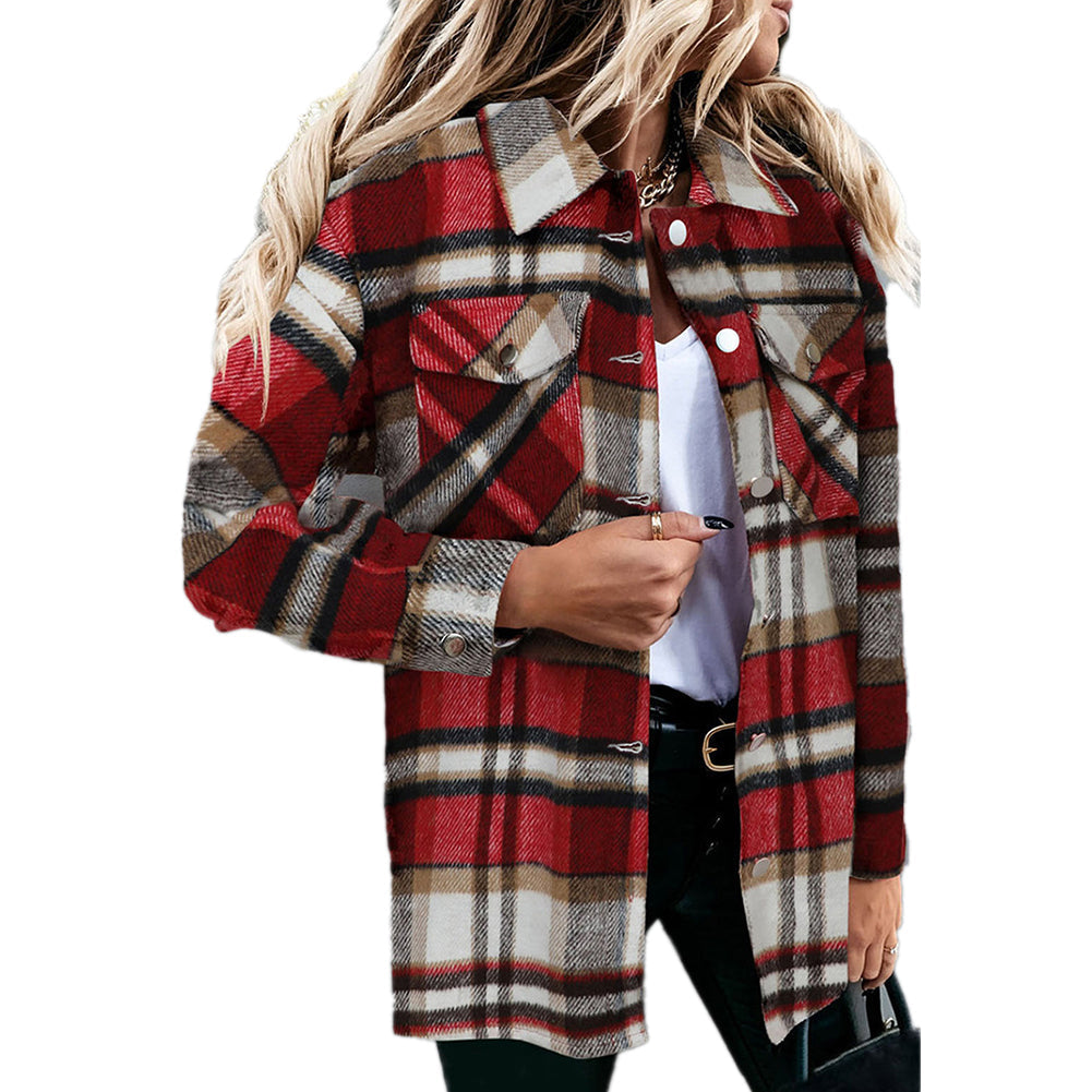 YESFASHION Long-sleeve Lapel Loose-fit Women Plaid Shirt