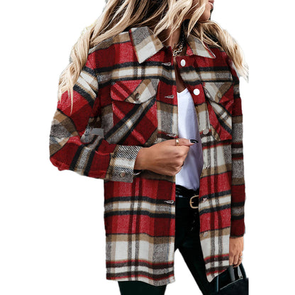 YESFASHION Long-sleeve Lapel Loose-fit Women Plaid Shirt