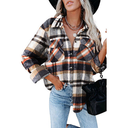 YESFASHION Long-sleeve Lapel Loose-fit Women Plaid Shirt