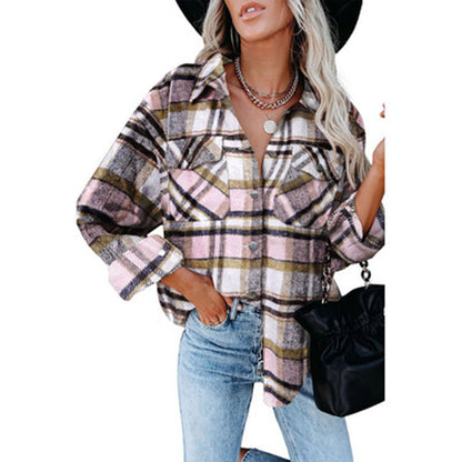 YESFASHION Long-sleeve Lapel Loose-fit Women Plaid Shirt