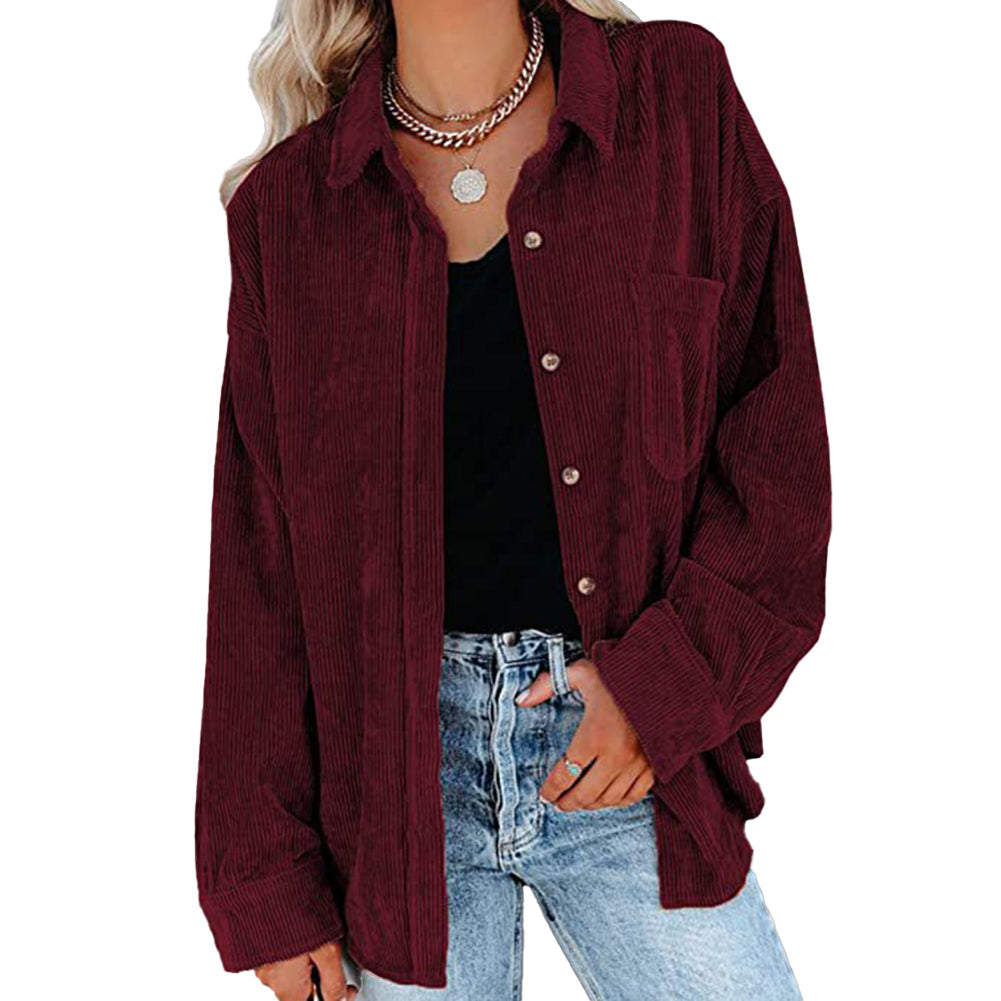 YESFASHION Corduroy Button-up Cardigan Lapel Loose Padded Shirt Tops