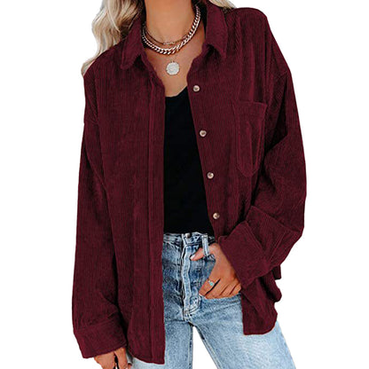 YESFASHION Corduroy Button-up Cardigan Lapel Loose Padded Shirt Tops