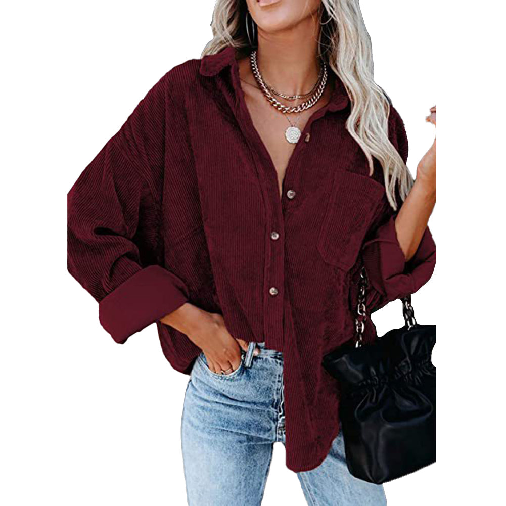 YESFASHION Corduroy Button-up Cardigan Lapel Loose Padded Shirt Tops
