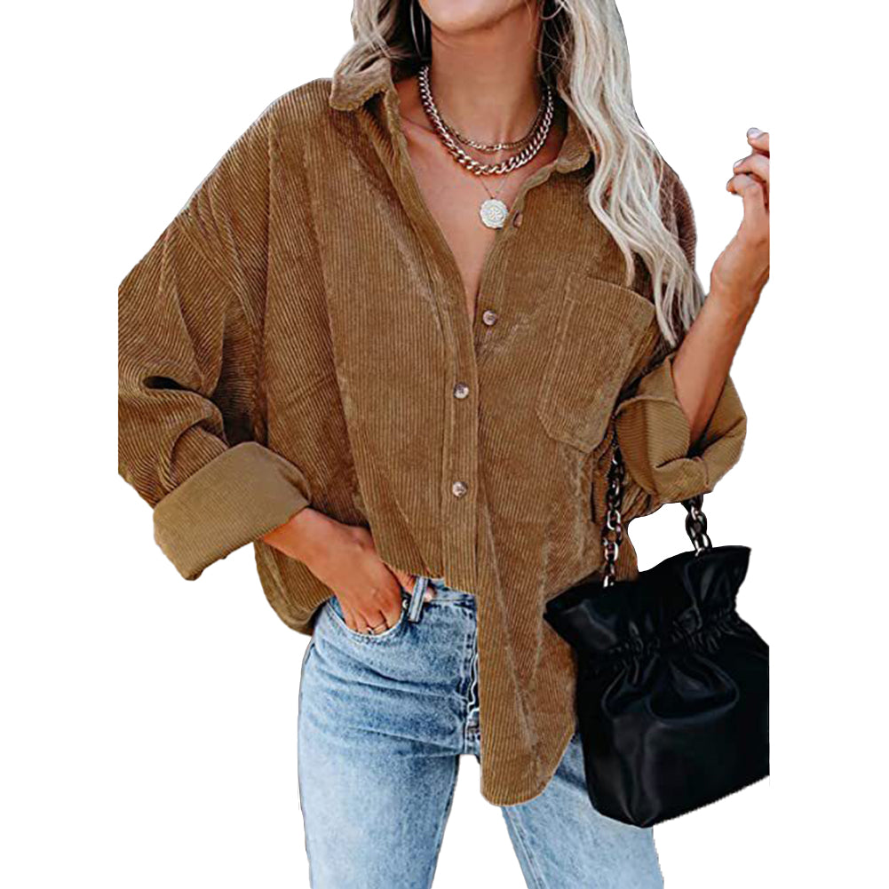 YESFASHION Corduroy Button-up Cardigan Lapel Loose Padded Shirt Tops