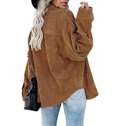 YESFASHION Corduroy Button-up Cardigan Lapel Loose Padded Shirt Tops