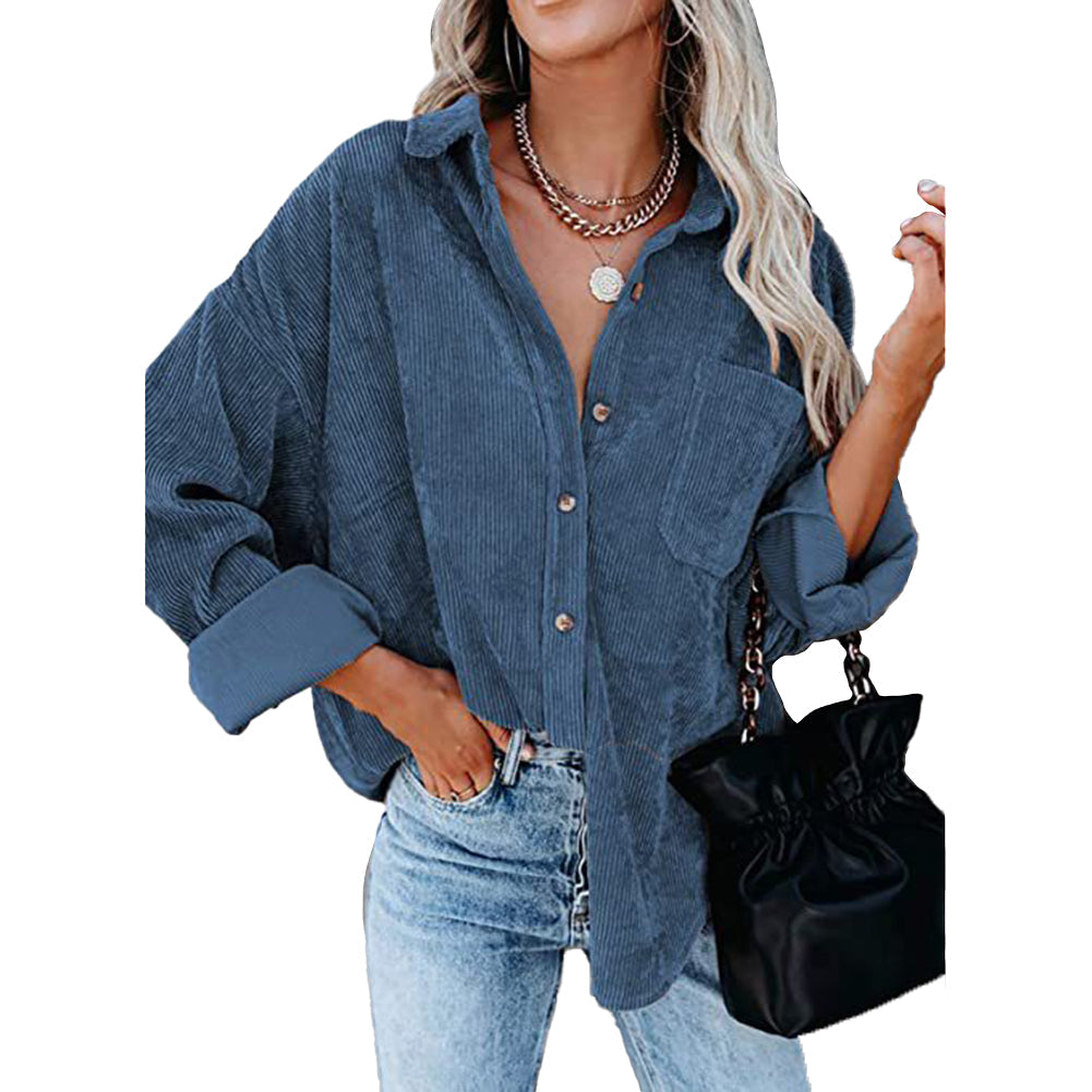 YESFASHION Corduroy Button-up Cardigan Lapel Loose Padded Shirt Tops