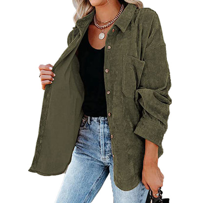 YESFASHION Corduroy Button-up Cardigan Lapel Loose Padded Shirt Tops